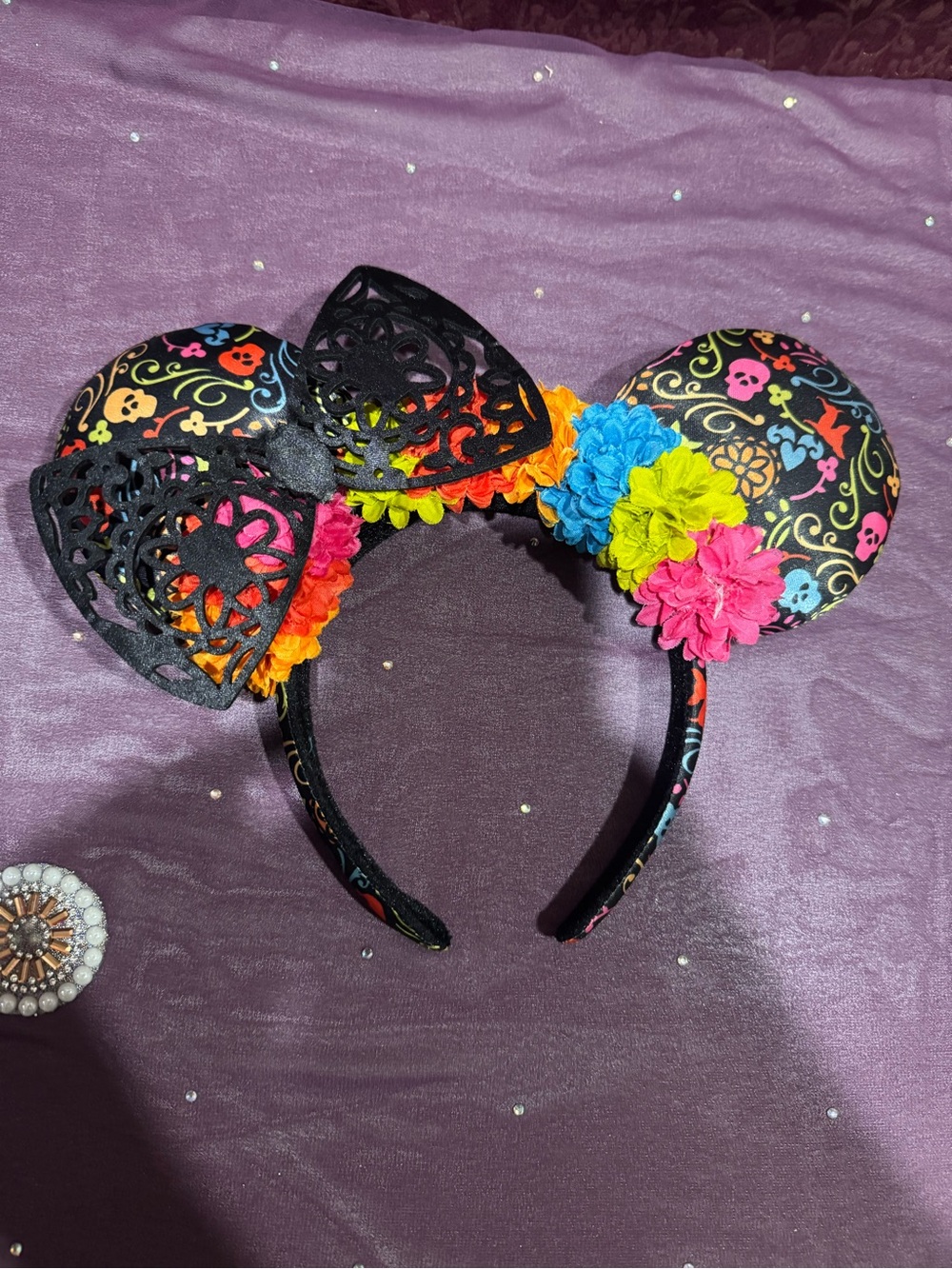 Disney Coco Retired Black Floral Sugar Skull Minnie Ears Headband